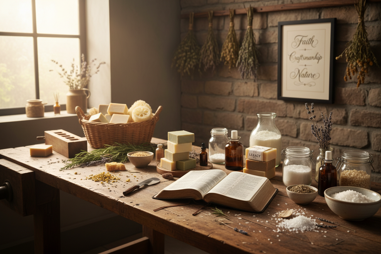 Brand story workspace with Bible and natural ingredients